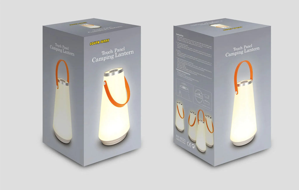 White rechargeable LED bedside lantern with USB cable, showing compact columnar design