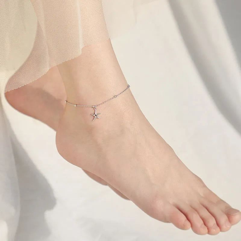 Women's sterling silver anklet with starfish charm and round beads chain