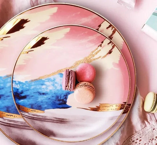Watercolour dessert plate with real gold edge, 10.5 inch bone china porcelain, pink colour