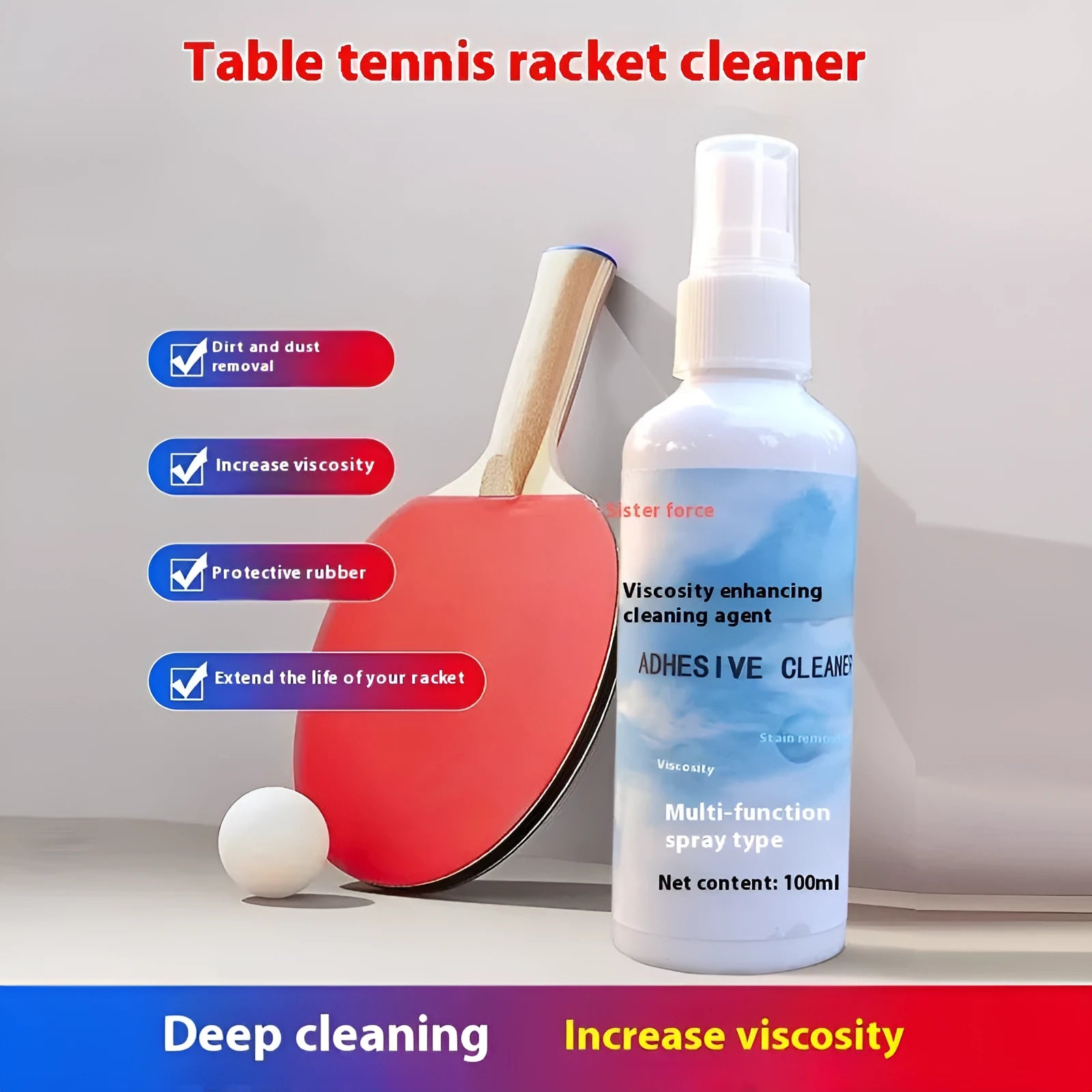 Table tennis racket care kit with sponge mop, rubber cleaning agent, grip tape, protective film, and edge protection accessories