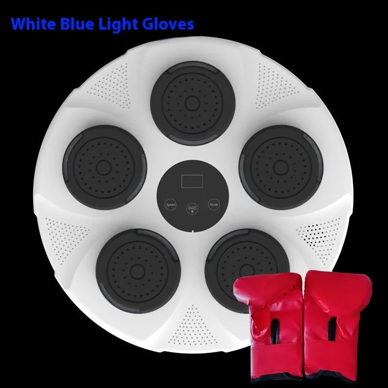 Wall-mounted smart boxing trainer sandbag with LED lights on black ABS surface, showing mounting brackets.