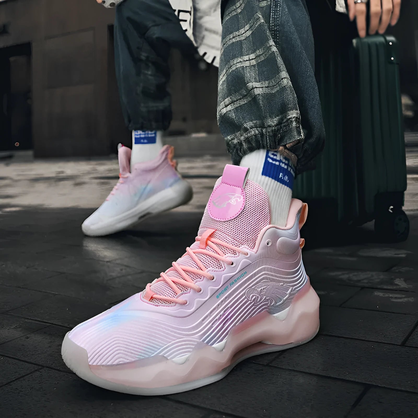 Luminous high-top basketball shoes with graffiti pattern, mesh upper, and rubber outsole available in various colours