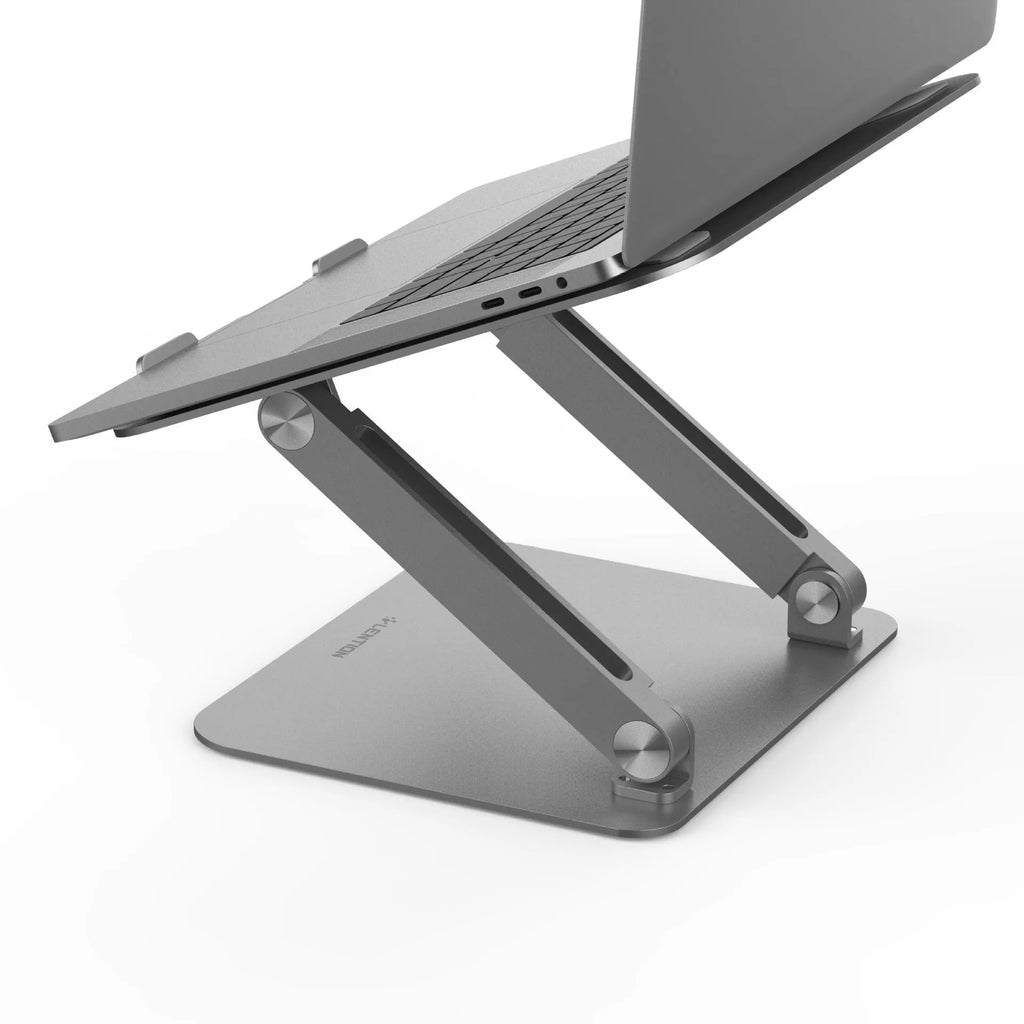 Aluminium alloy multi-angle notebook stand in space grey on a desk with a laptop