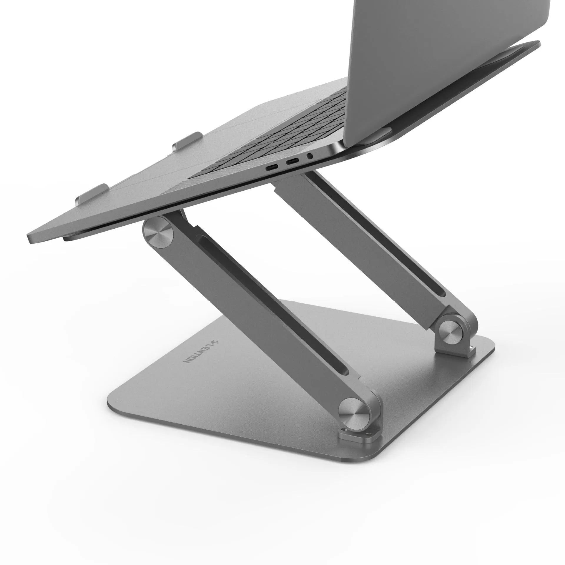 Aluminium alloy multi-angle notebook stand in space grey on a desk with a laptop