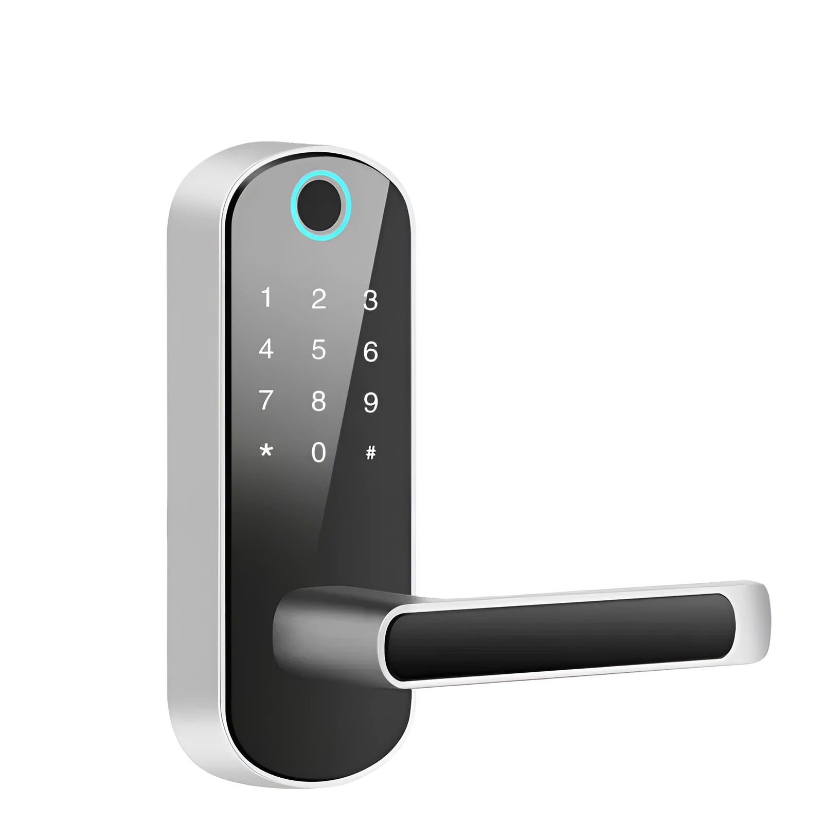 Smart Bluetooth fingerprint door lock in black or silver finish on a wooden door.