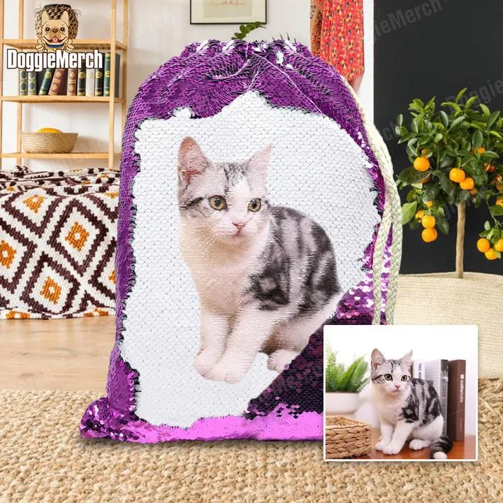 Personalised purple sequins backpack with a custom printed dog photo and drawstring closure.
