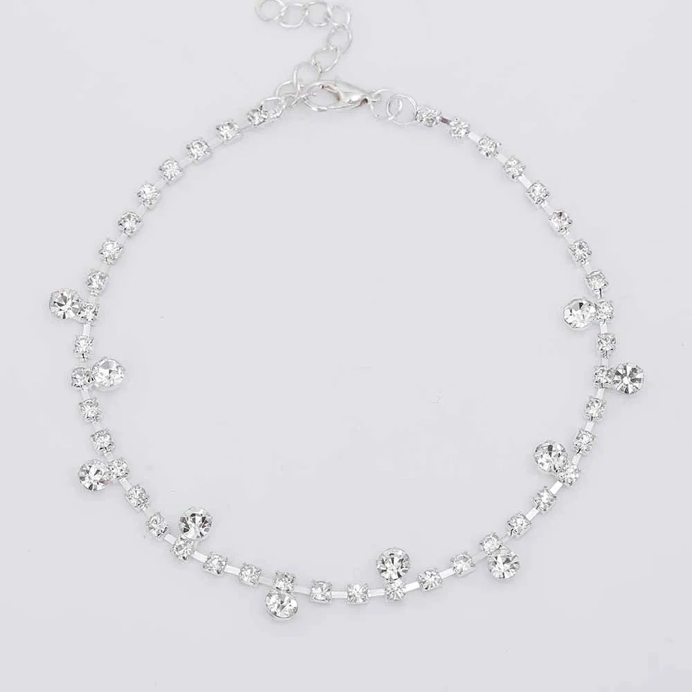 Women's silver alloy water drop tassel anklet with adjustable chain and artificial gem inlay