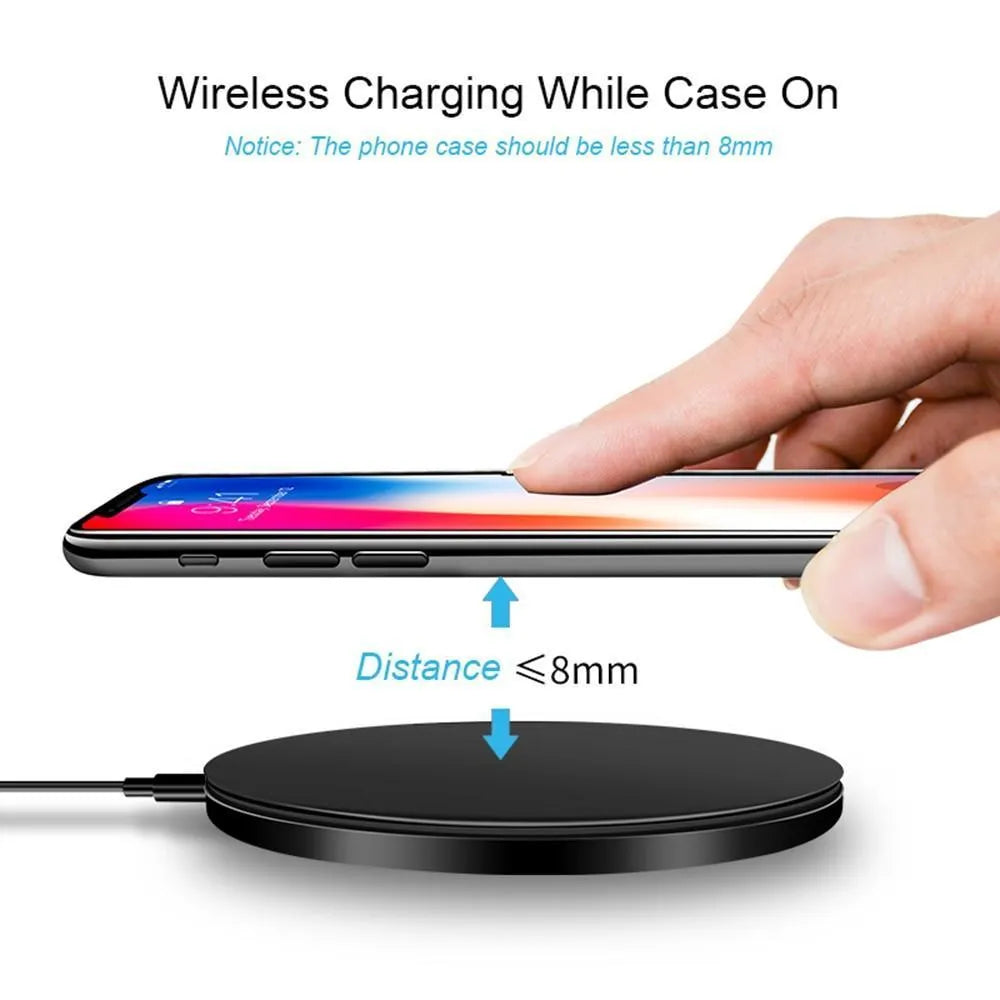 Black square QI wireless charging base measuring 98x98mm with ultra-thin 6.5mm profile