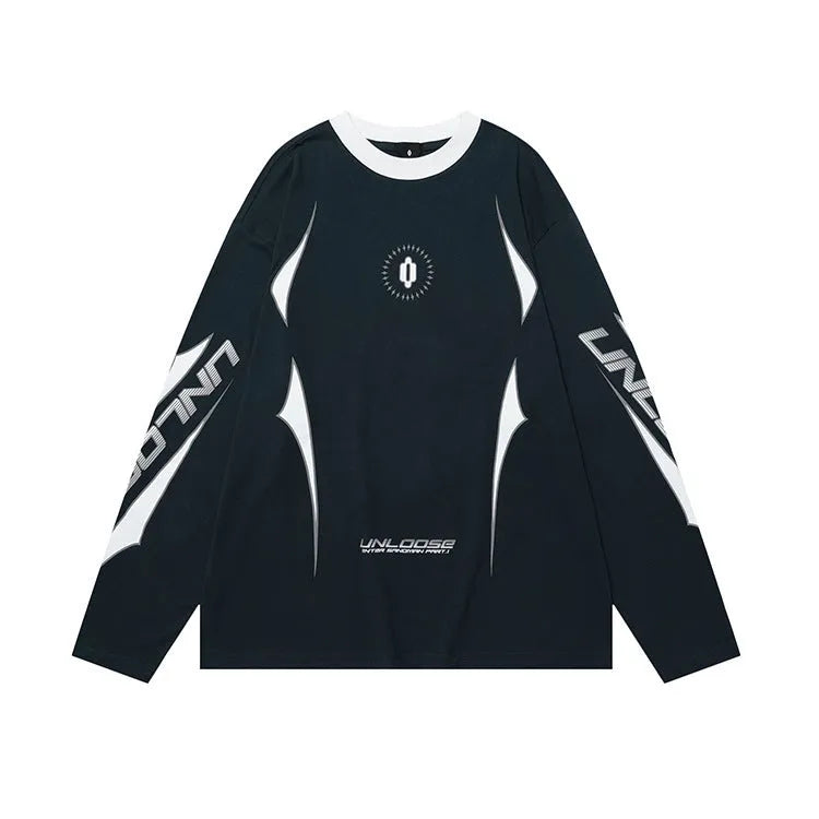 Gray khaki loose-fit long sleeve cotton pullover with drop shoulder sleeves and a printed letter pattern.