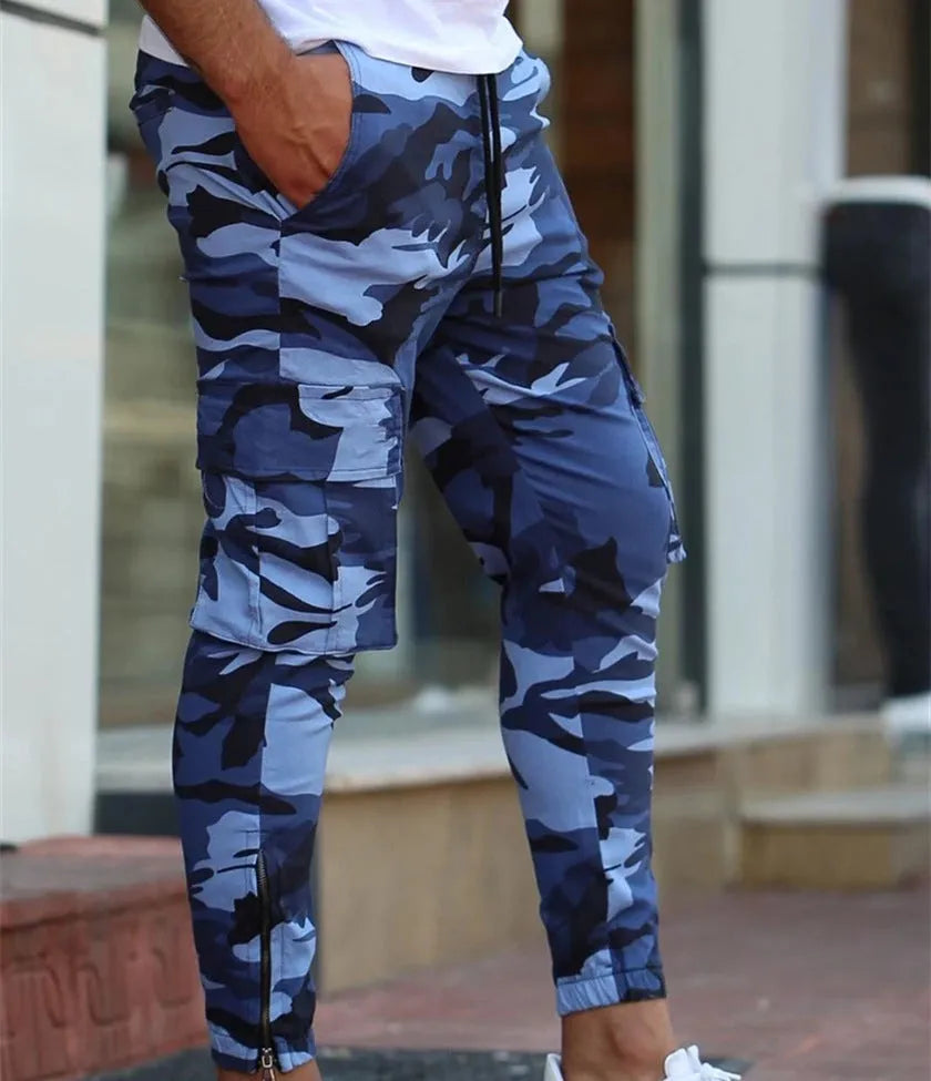 Men's casual camouflage pants with elastic waist and full-length polyester cargo style in blue and green colours