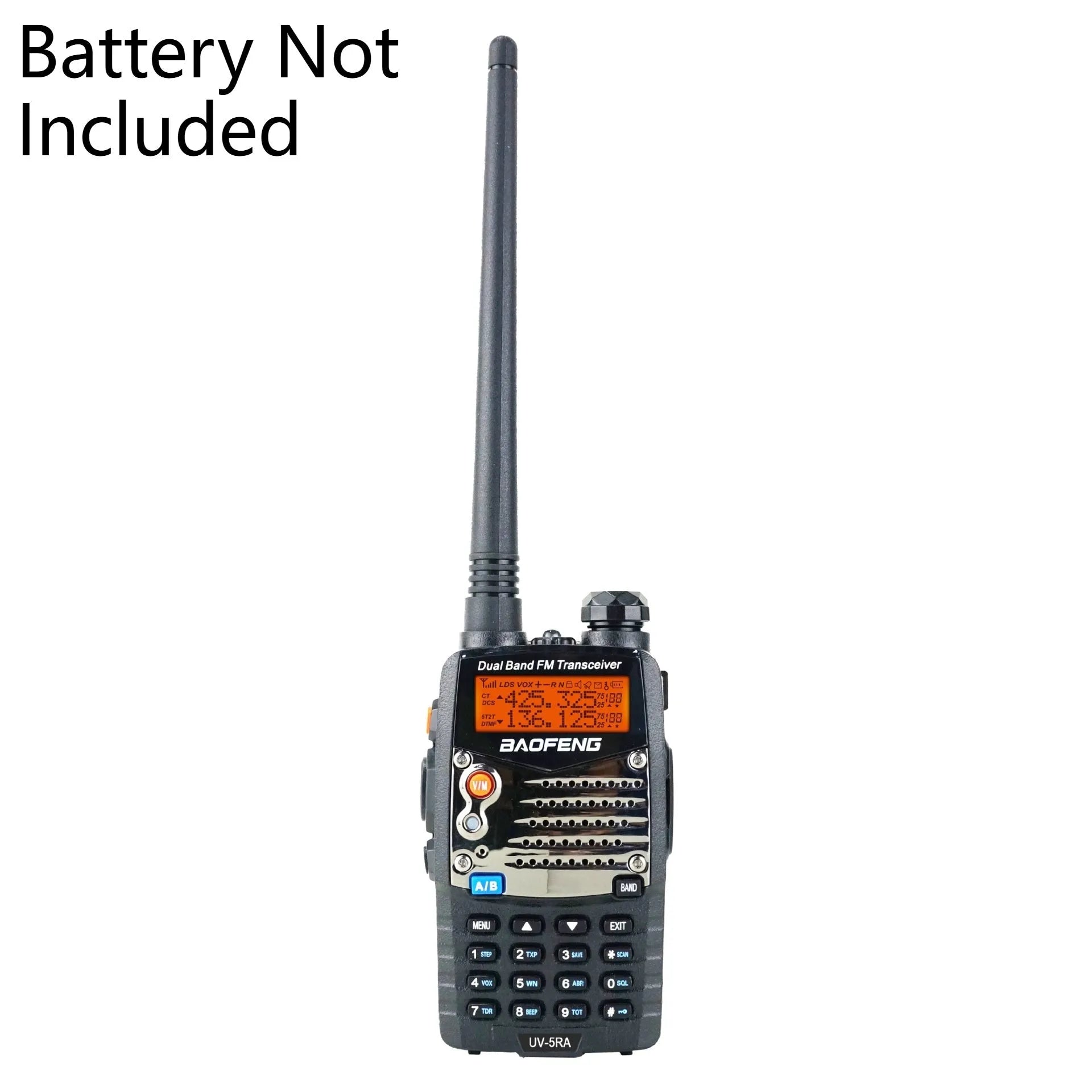 Baofeng UV-5RA dual-band handheld radio with dual display, high-power specification, and multiple headset configuration options