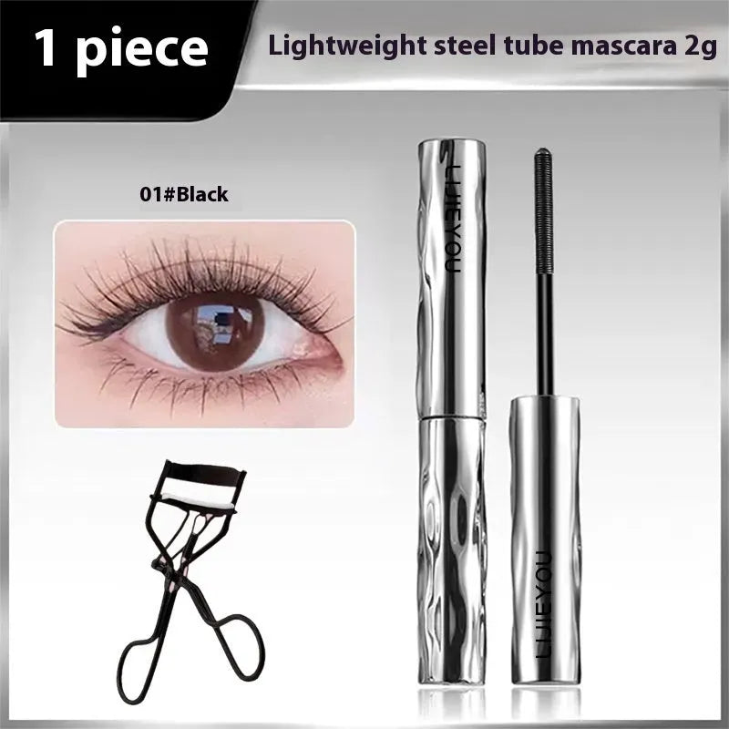 Waterproof steel tube mascara in black and brown shades with optional eyelash curler