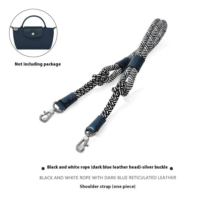 Braided nylon and cowhide leather crossbody strap with alloy buckle in gold or silver finish