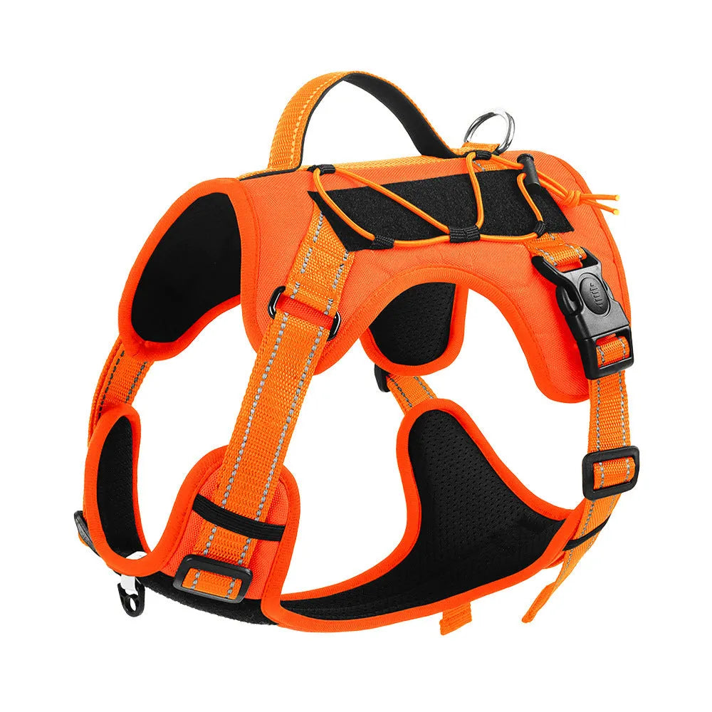 Reflective orange dog harness with black explosion-proof breast strap and full-hand grip rope