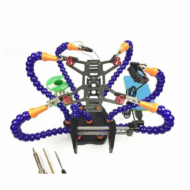 Black and purple six-claw aluminium alloy welding station with multiple adjustable arms for model soldering.