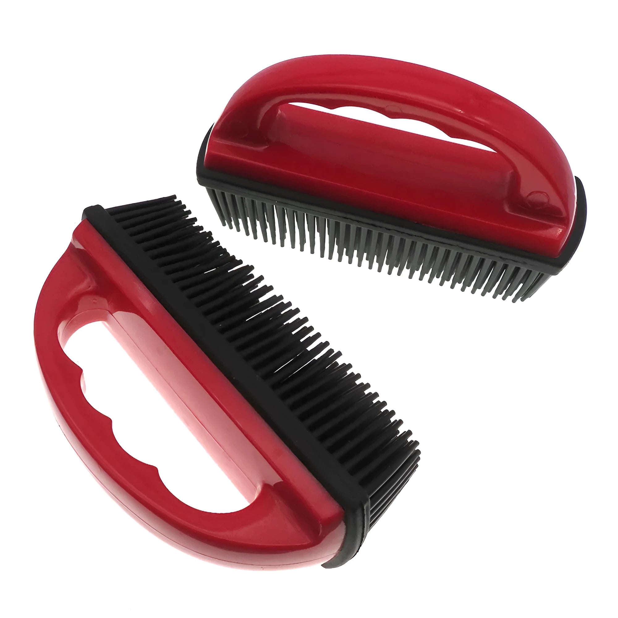 Red pet hair removal brush with rubber teeth and flexible silicone bristles measuring 160mm by 85mm