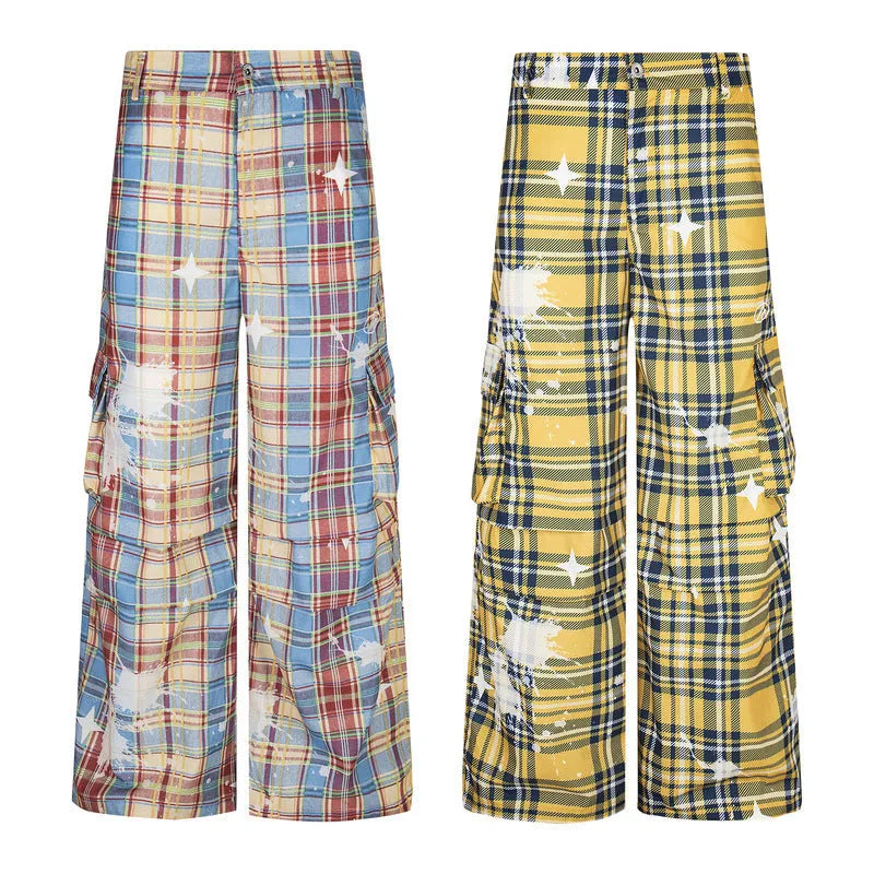 Men's blue retro plaid loose straight-leg casual trousers with mid waist