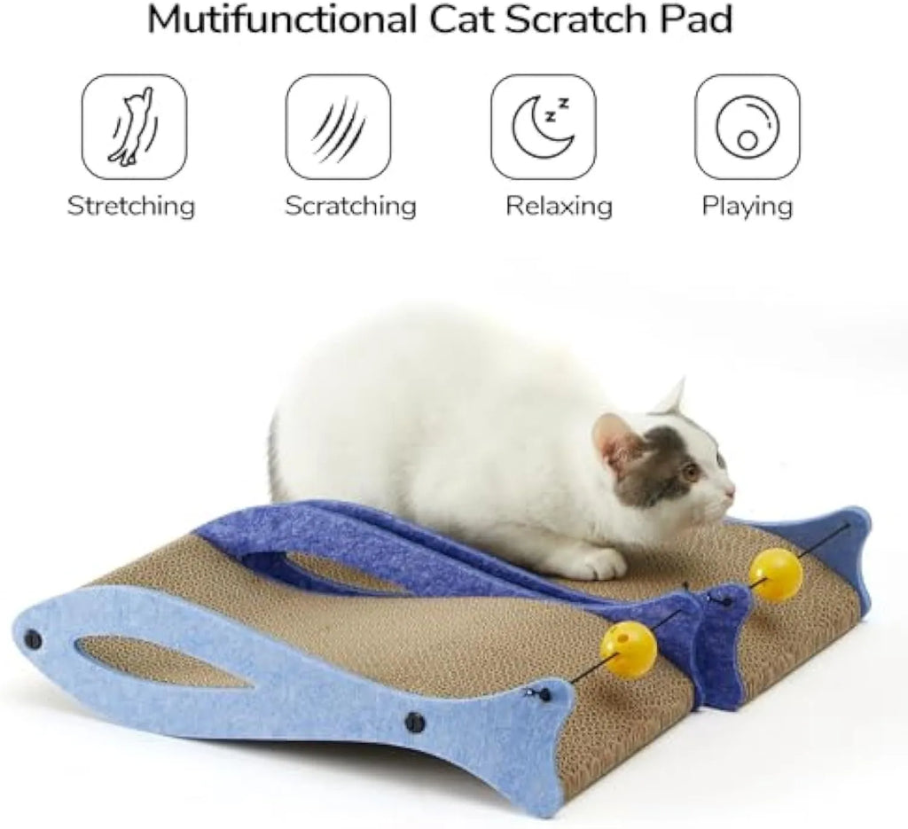 Blue fish-shaped cat scratcher pad with wavy design and hanging bell ball toy