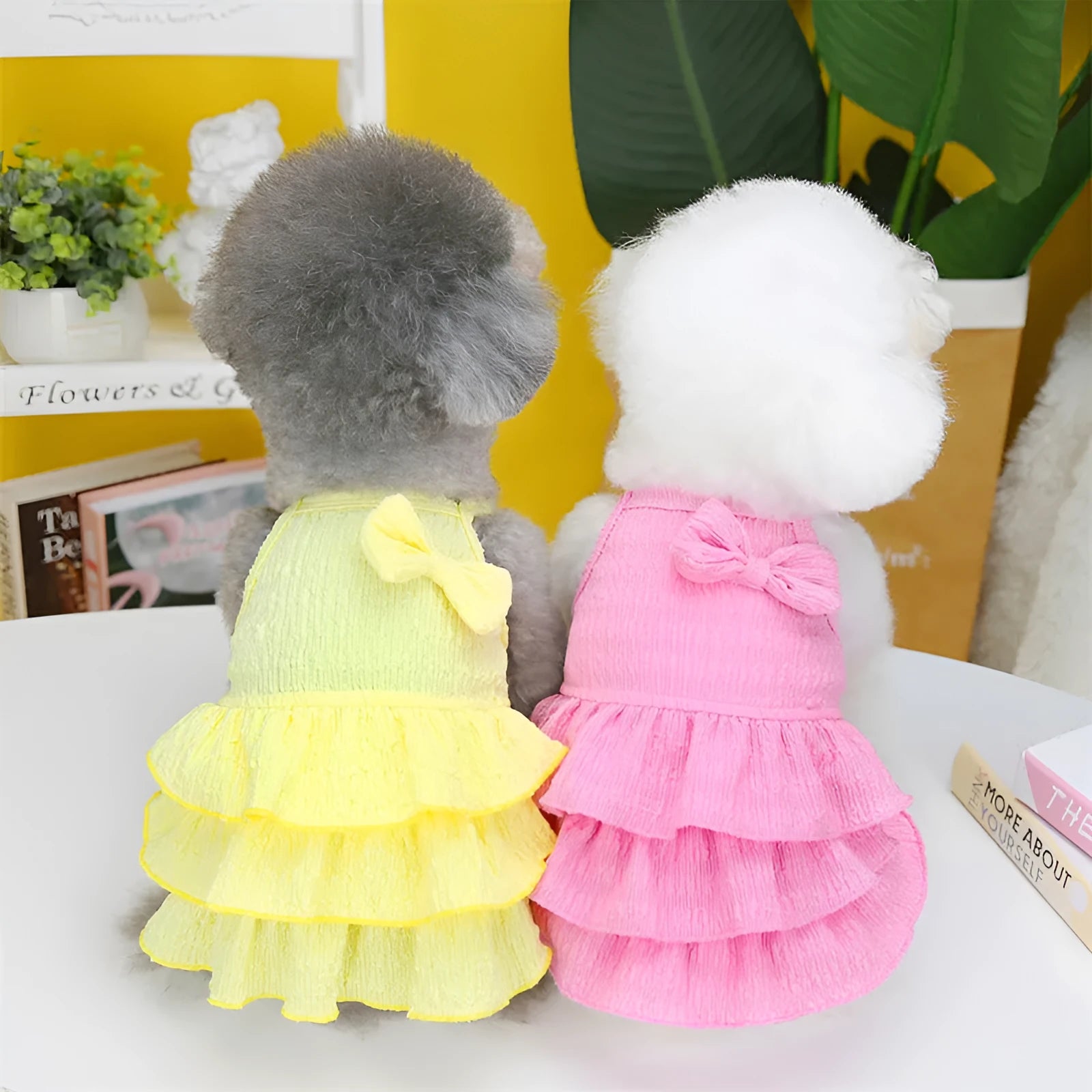 Small dog wearing a layered princess dress in a candy skirt style, available in rose red, yellow, or green.