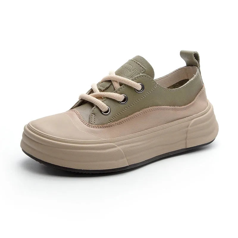 Women's leather platform sneakers in matcha green, side view showing round toe and lace-up design.