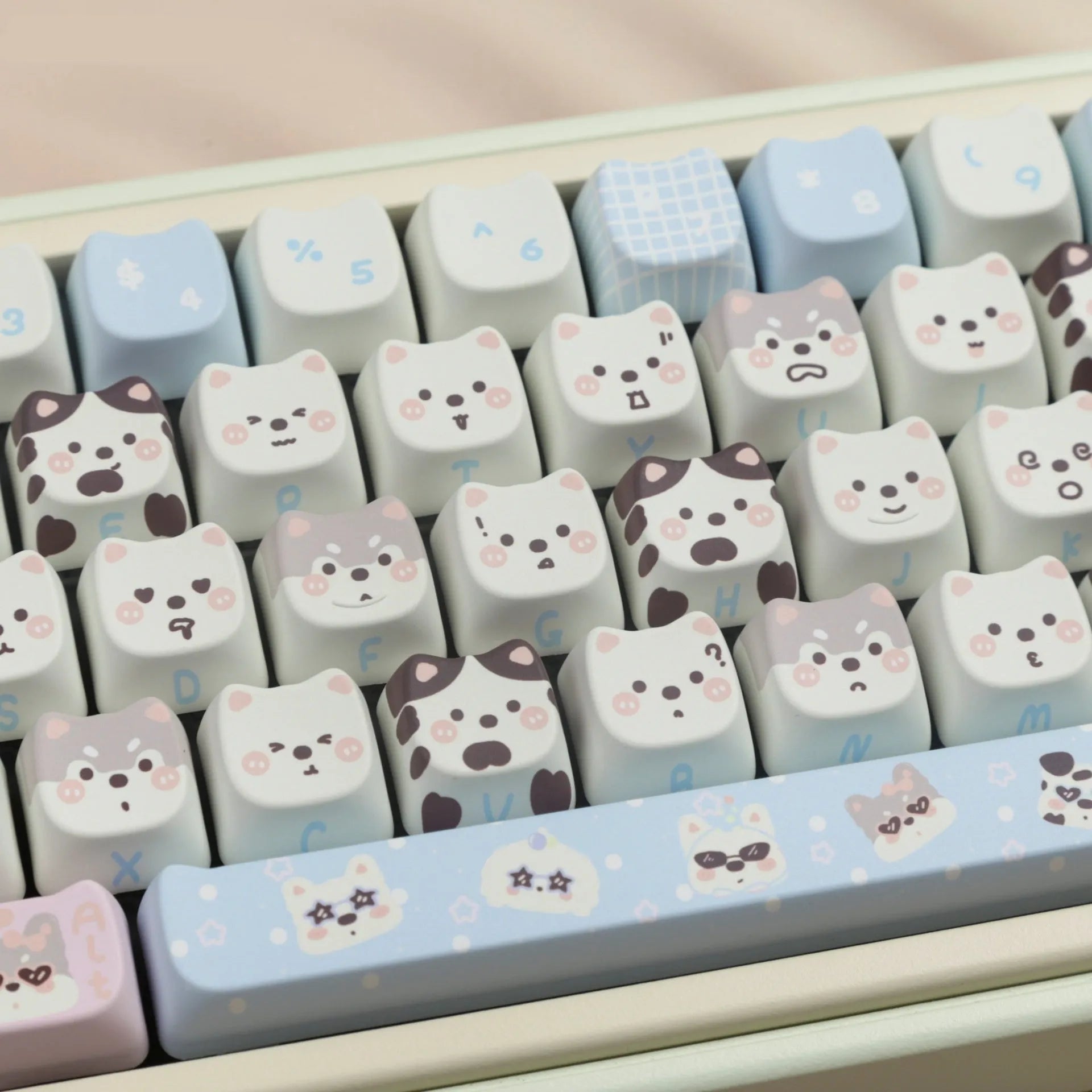 Puppy themed PBT key cap set for mechanical keyboards with full coverage design