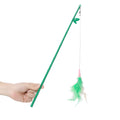 Green cat feather wand toy with bell and feather attachments for interactive play