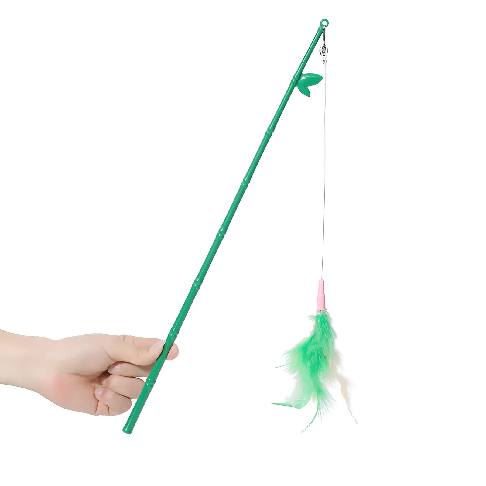 Green cat feather wand toy with bell and feather attachments for interactive play