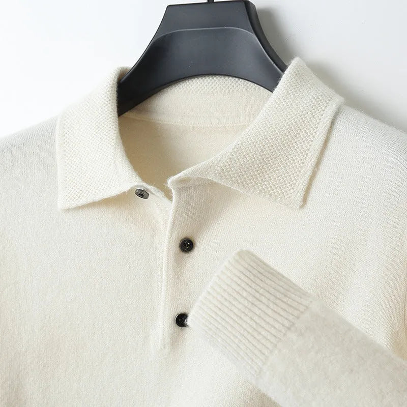 Men's grey wool sweater pullover with a polo collar and long sleeves laid flat.