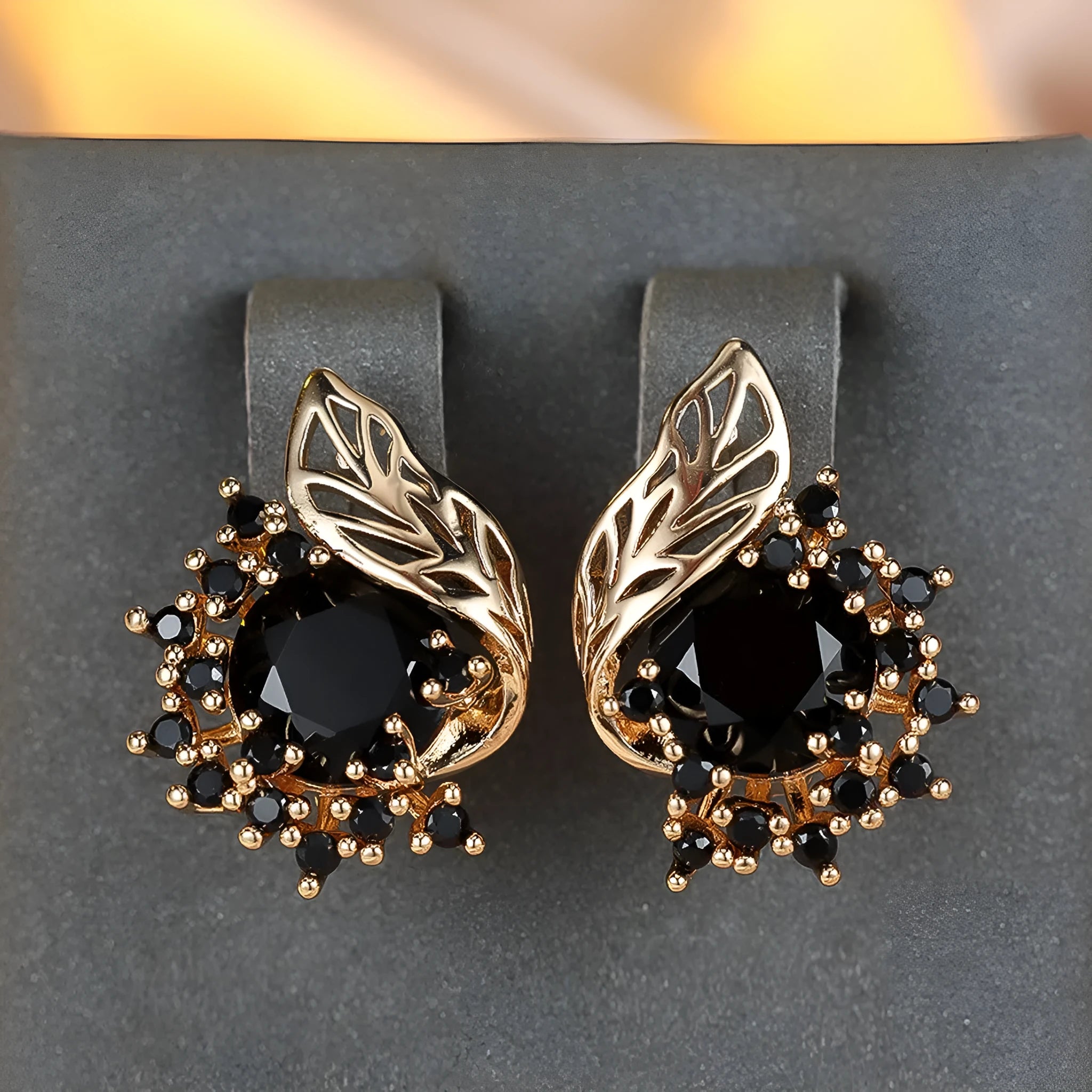 Round flower feather design zircon earrings in electroplated champagne gold with coloured stone options