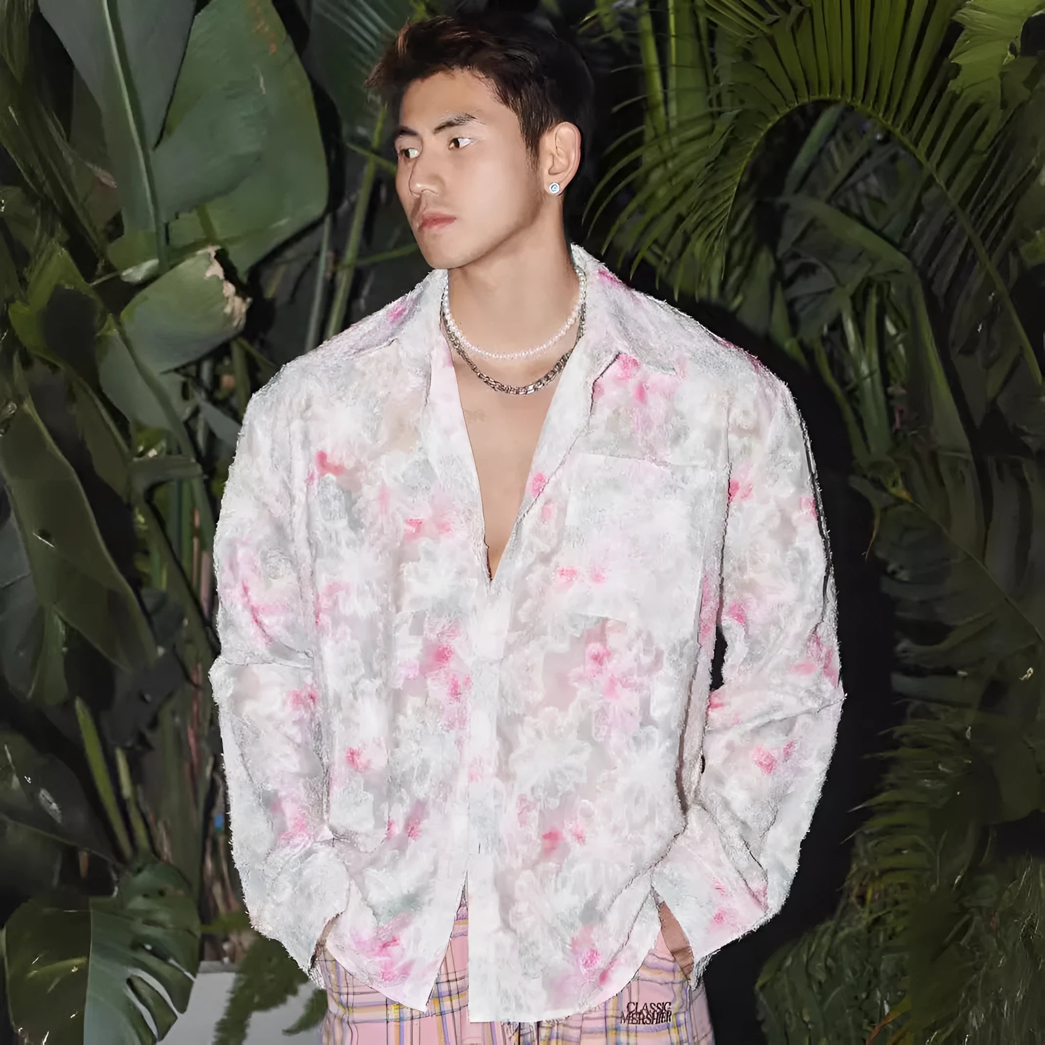 Men's floral long sleeve shirt with embossed three-dimensional pattern in pink colour option