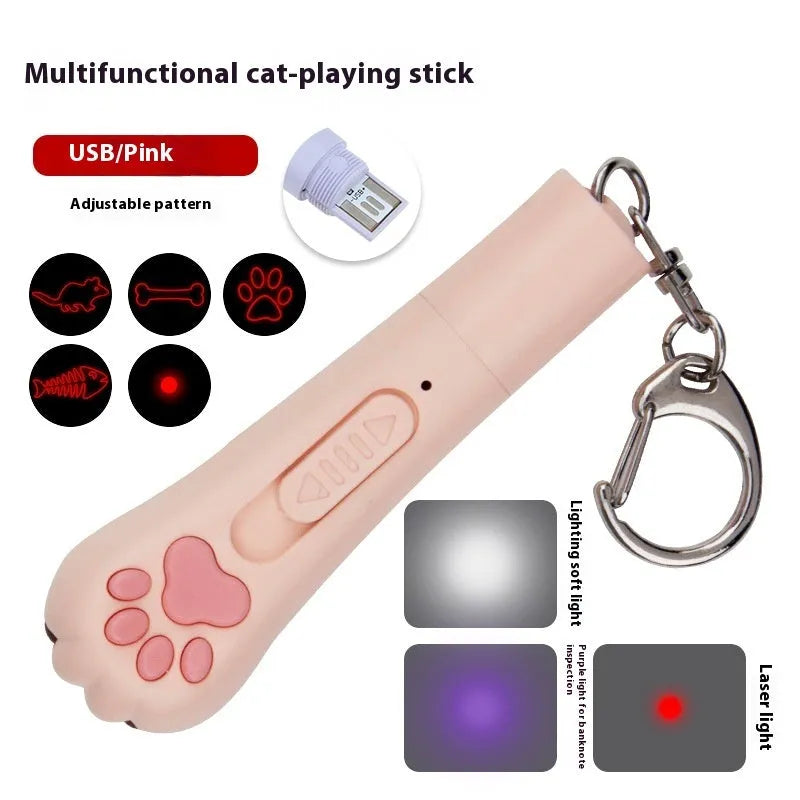 Plastic cat teasing stick with laser functions and moonlight lamp in blue colour option