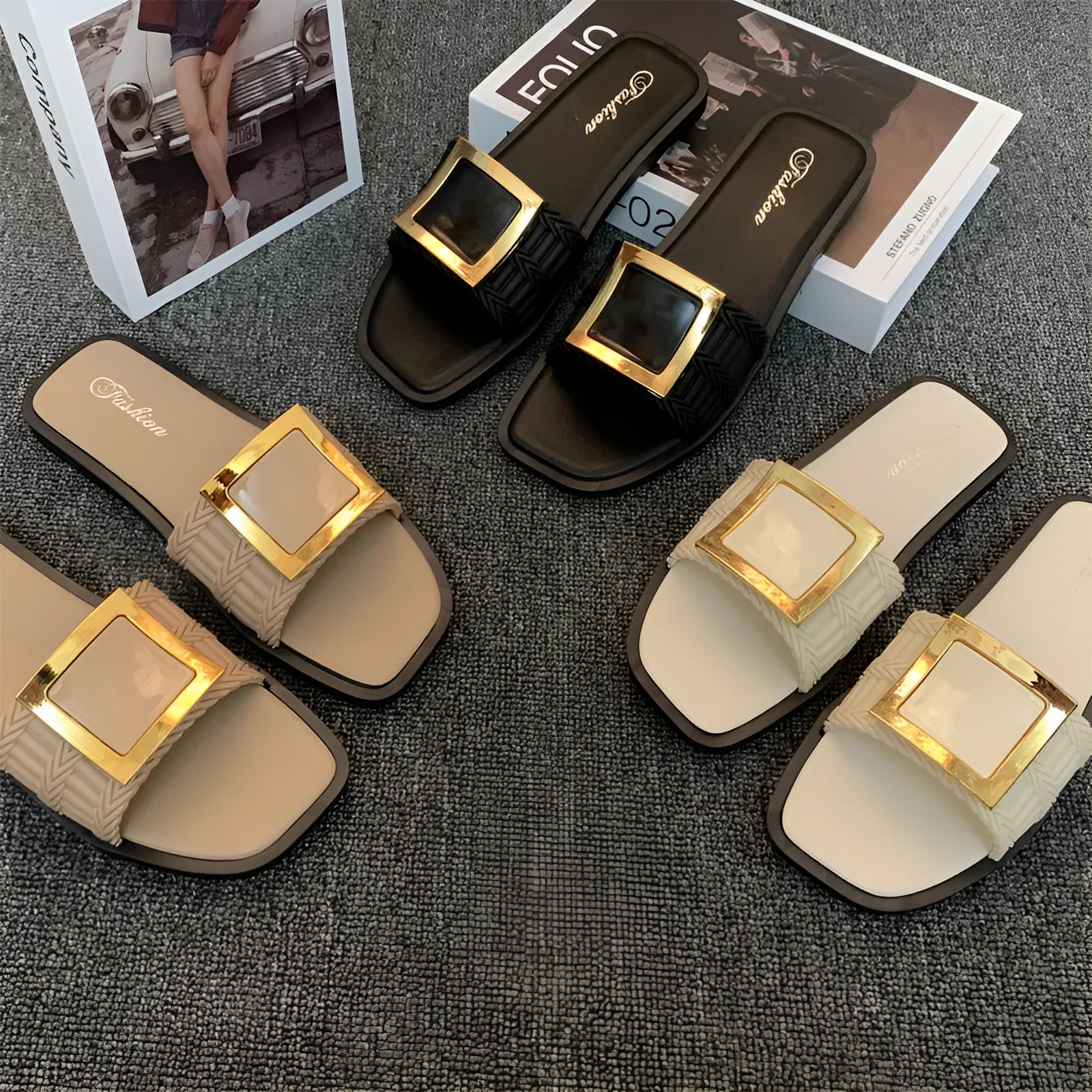 Women's flat summer slippers in apricot colour with a non-slip PVC sole.