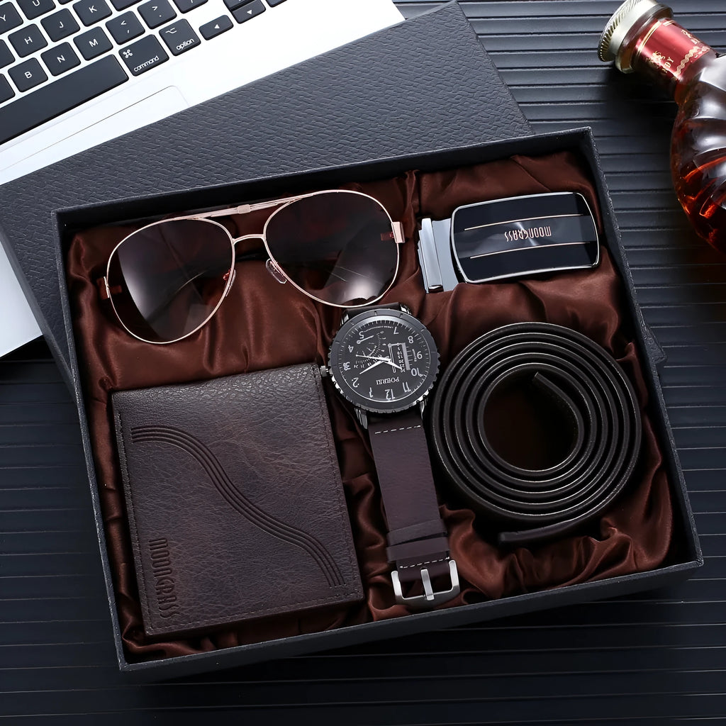 Brown watch suit set for men with watch, belt, glasses, and wallet on display