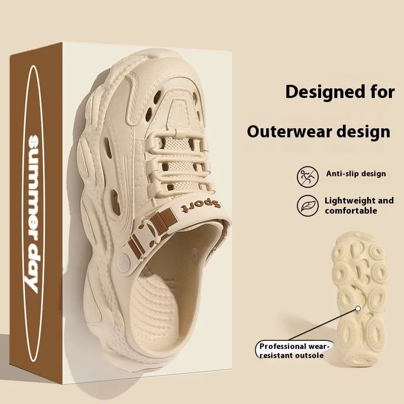 Men's khaki outdoor slippers with hollow-out design and lightweight EVA sole on a wooden deck.