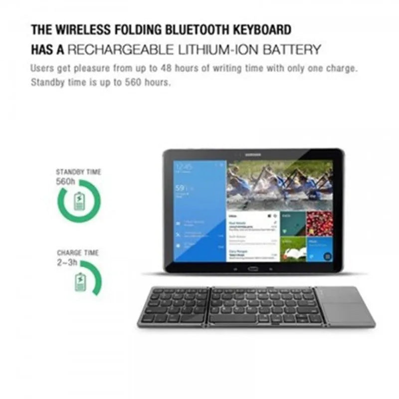 Folding Bluetooth keyboard with 64 ABS keys and black colour, folded for travel