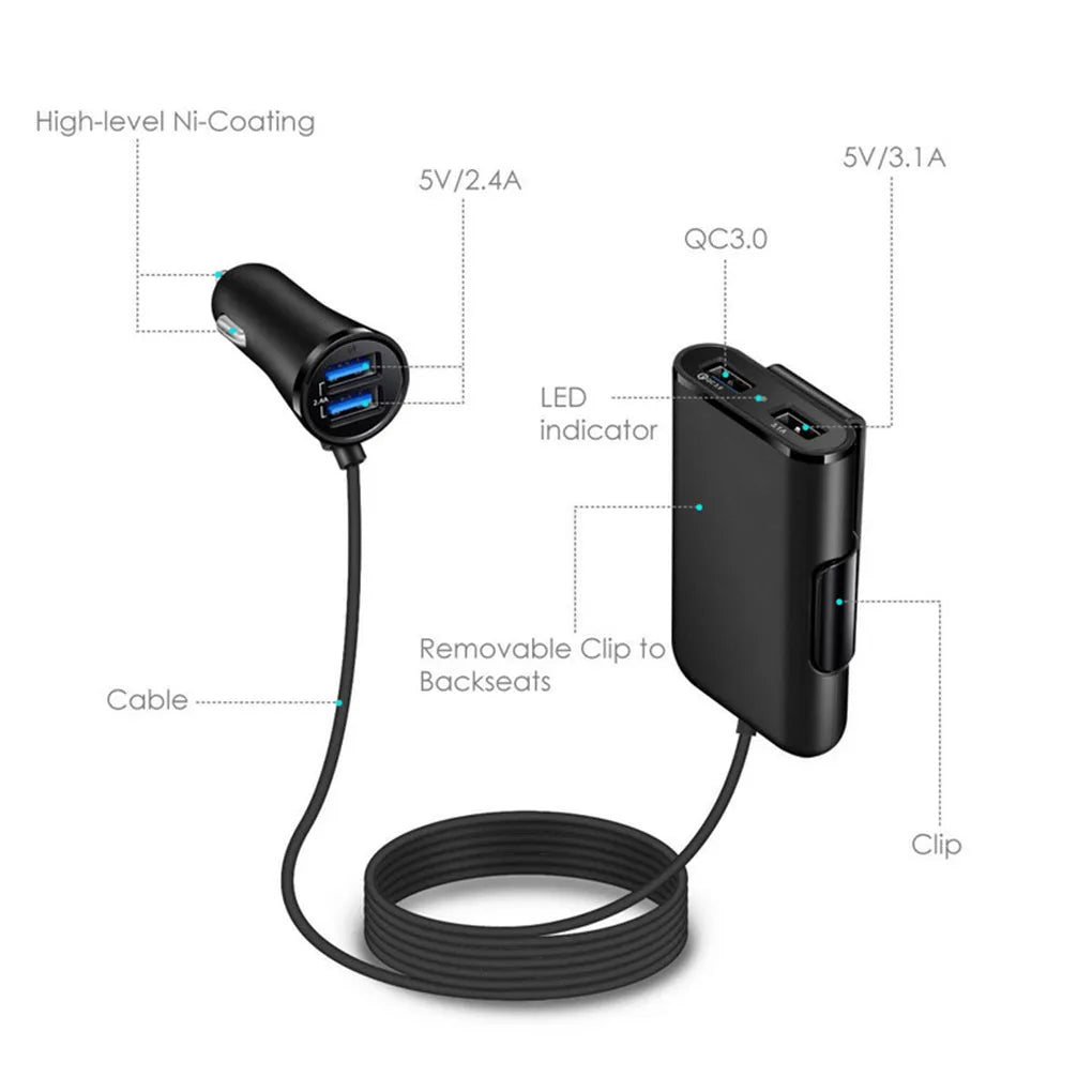 Black plastic fast charge car charger with QC3.0 and dual USB ports, blue LED on charger and white on extender