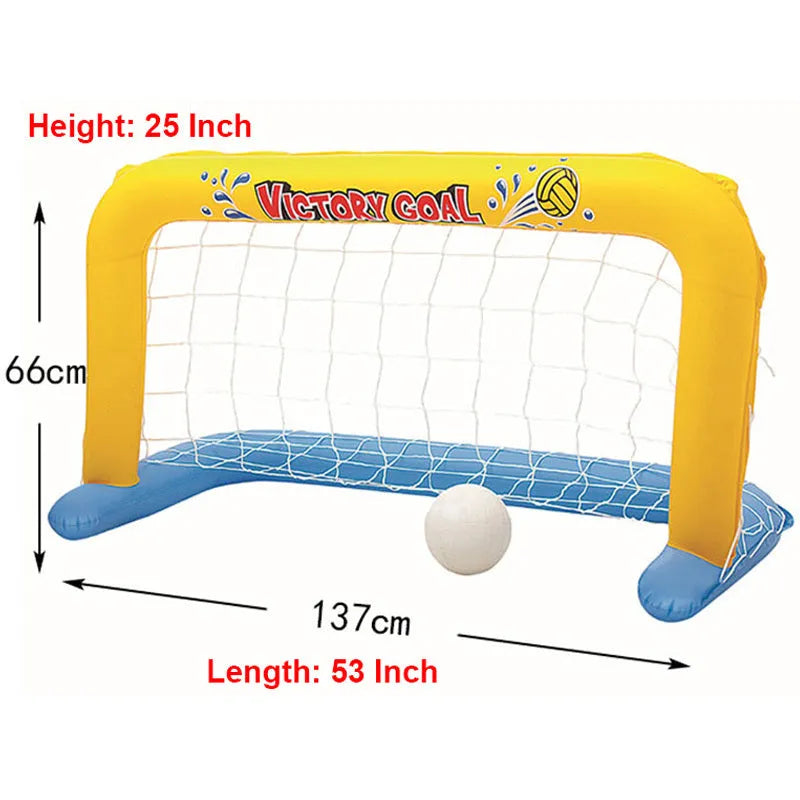 Inflatable pool basketball hoop and ring toss game set floating on water near a swimming pool