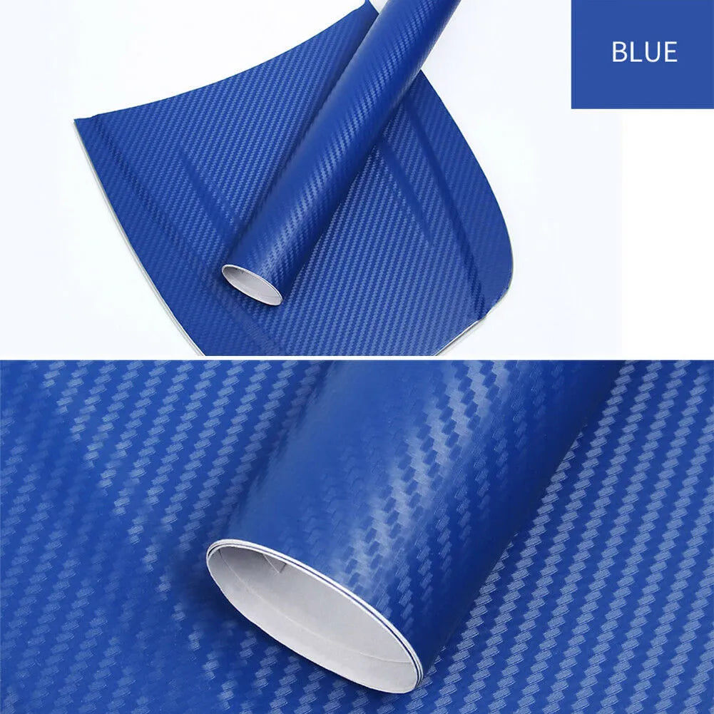 Roll of 3D carbon fibre car sticker in multiple colour options showing dimensions