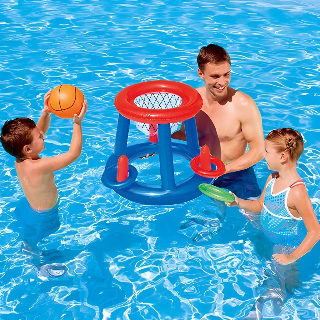Inflatable pool basketball hoop and ring toss game set floating on water near a swimming pool