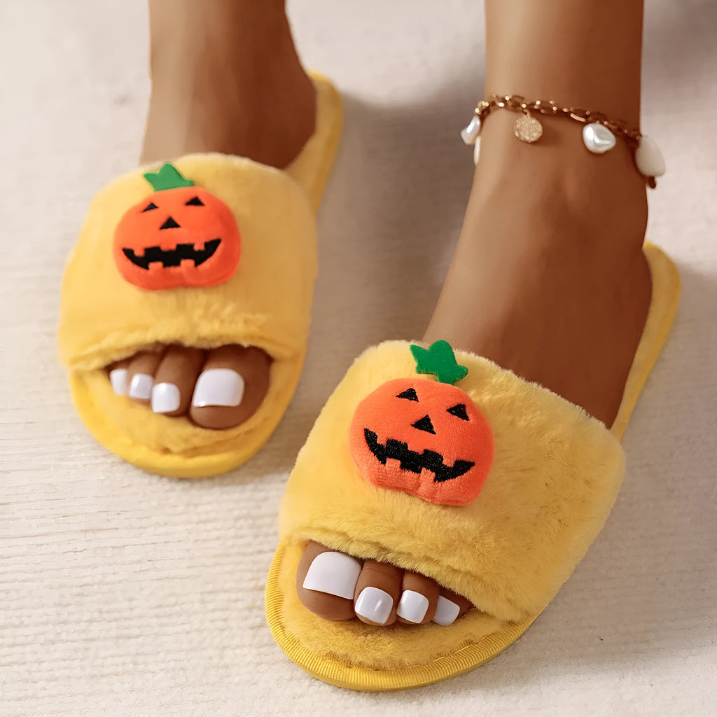 Yellow and white Halloween pumpkin plush open toe slippers with synthetic fur upper and PVC sole