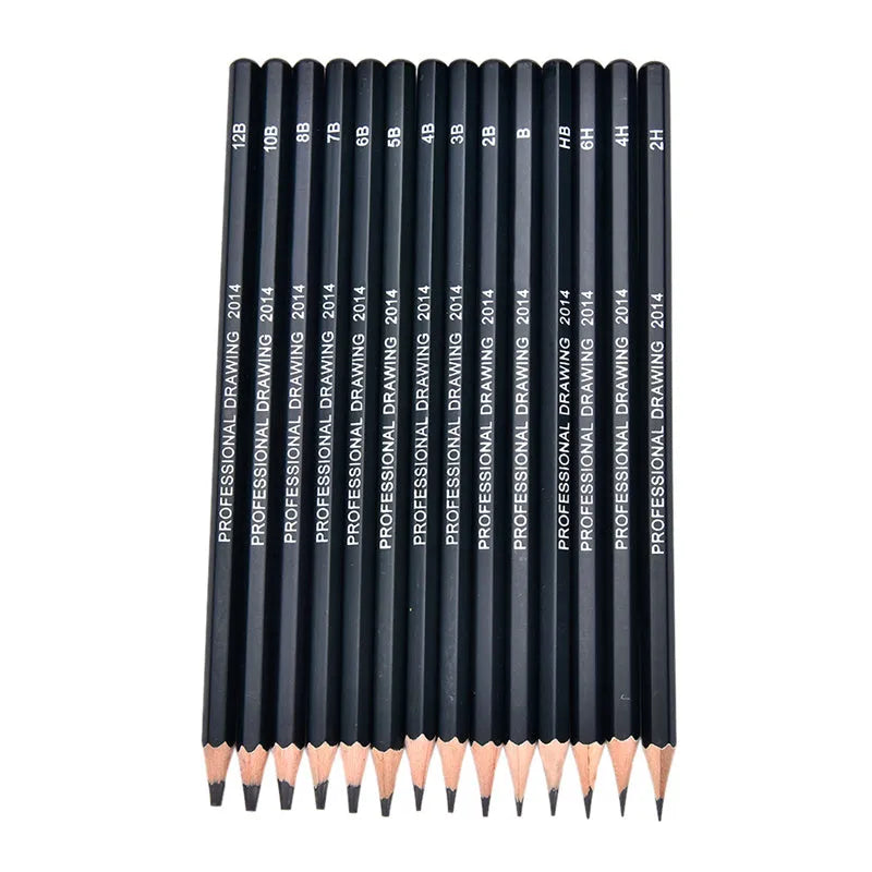 Set of 14 black graphite drawing pencils in a box, each labelled with grade from 6H to 12B, 18cm length