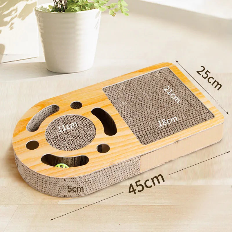 Cat scratching board toy with corrugated paper surface and plastic ball in multiple style options