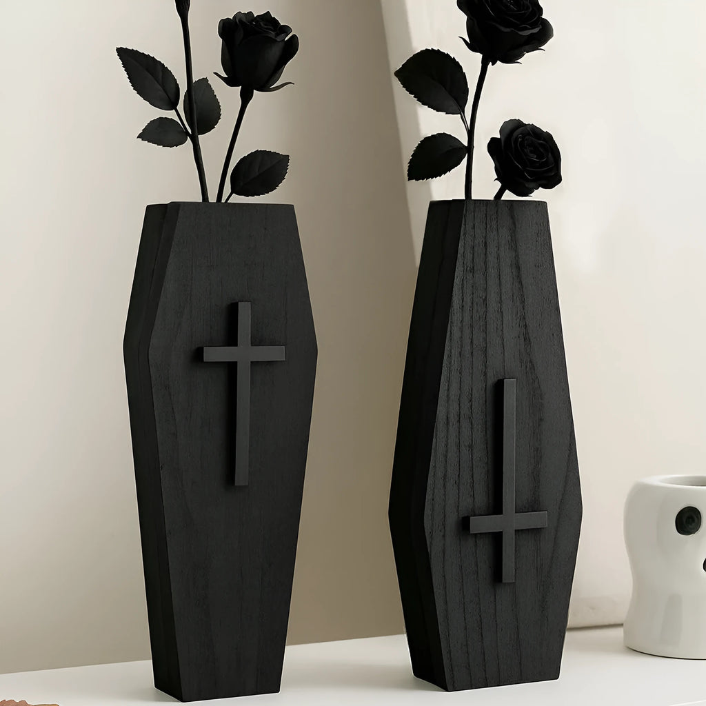 Wooden cross wall shelf decoration in black with integrated vase shelf measuring 27cm by 9cm