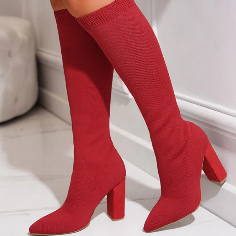 Women's large size stretch pointed toe chunky heel boots in black, brown, and red