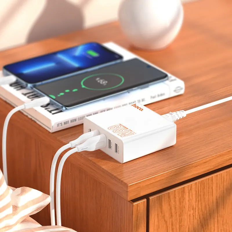 White European 65W PD fast charger with Type-C and USB-A ports, 1.5m cable, flame retardant PC housing