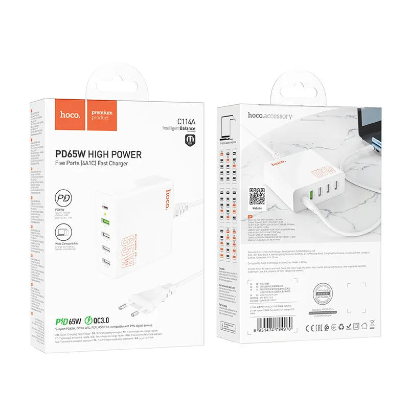 White European 65W PD fast charger with Type-C and USB-A ports, 1.5m cable, flame retardant PC housing