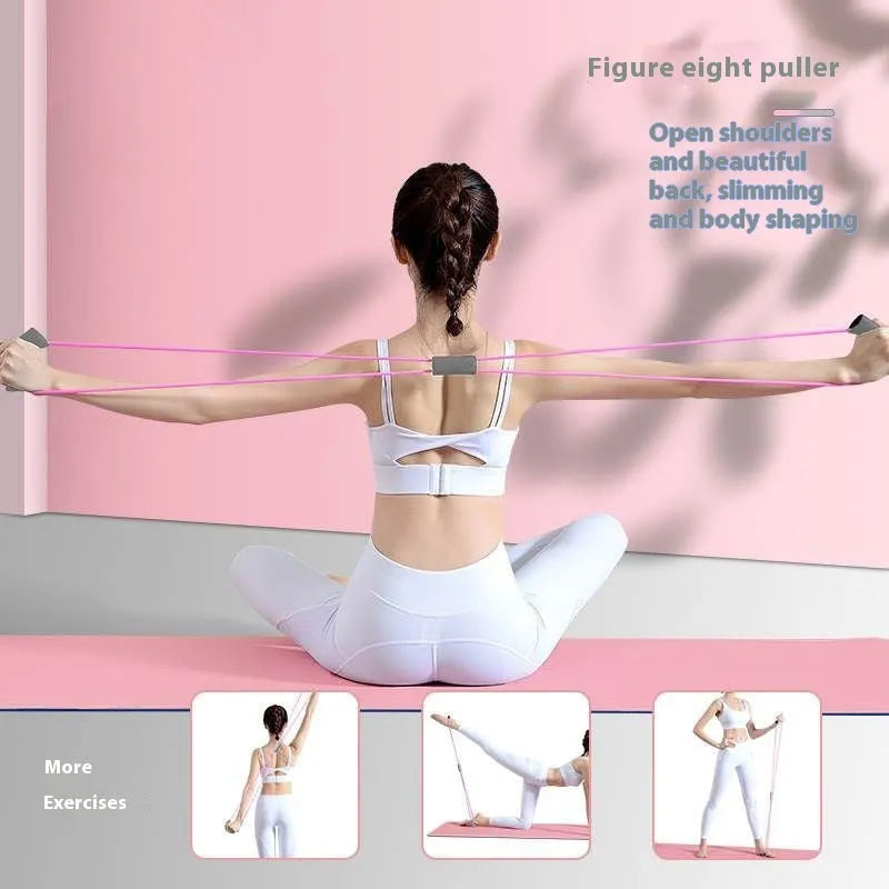 Yoga four piece fitness set showing leg beauty device, yoga ring, pedal tension device and figure eight tension rope