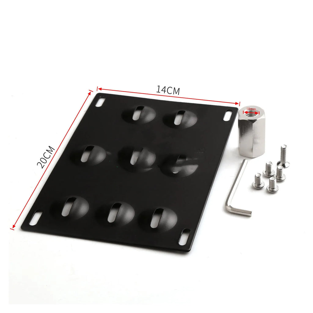 Metal American licence plate frame with integrated trailer hook for car modification on a vehicle