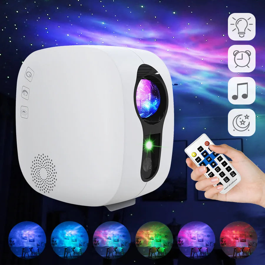 Laser starry sky projection lamp showing nebula and moon patterns with Bluetooth music playing