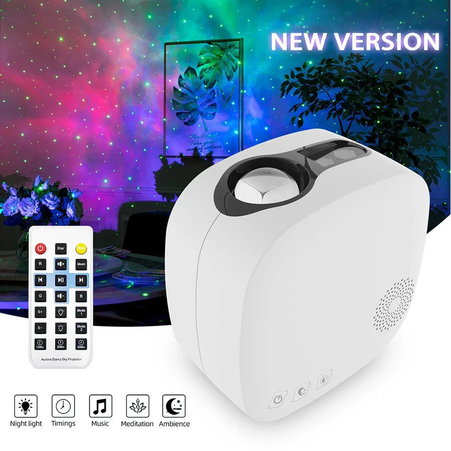 Laser starry sky projection lamp showing nebula and moon patterns with Bluetooth music playing